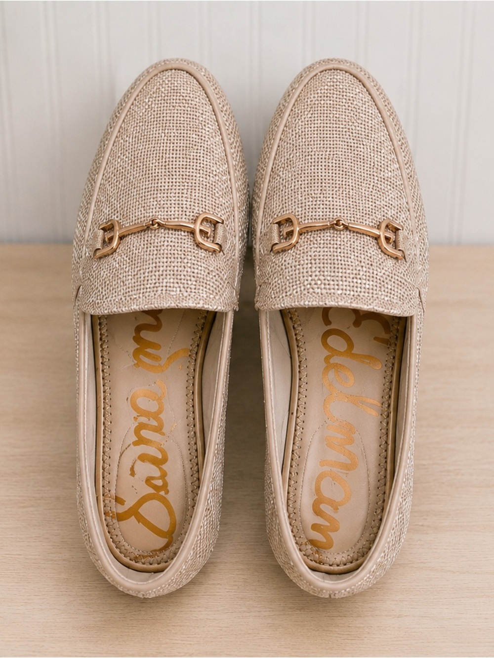 Sam Edelman Beige Loafers with Gold Chain Accent